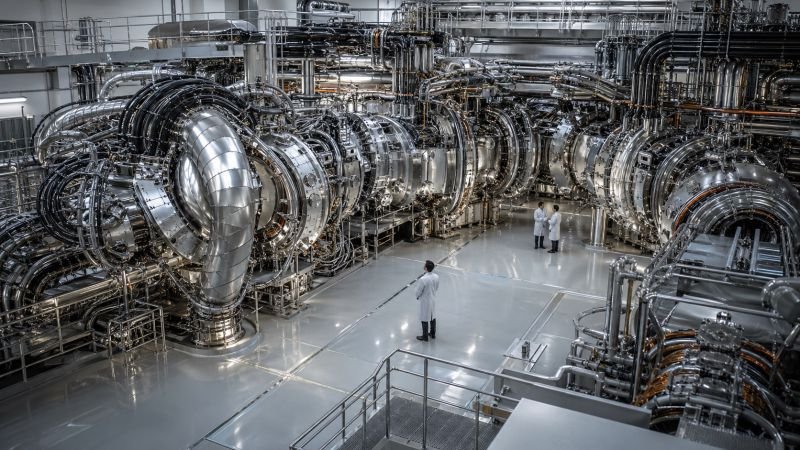 Compact stellarator reactor hall with twisted metallic coil structures and scientists visible for scale.