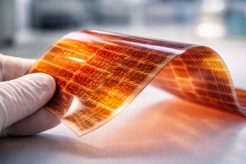 Flexible conjugated polymer solar film in a laboratory close-up, showing thin organic electronic material with amber tones and bendable structure for lightweight solar electronics.