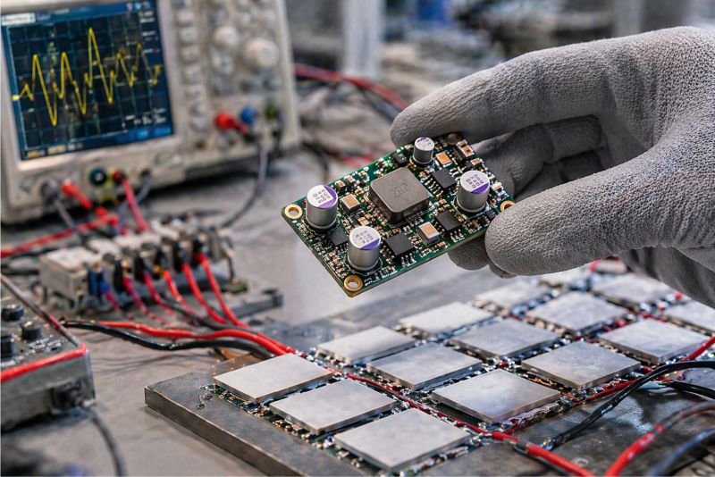 Gloved hand holding a DC-DC boost converter circuit board above a lab workbench with test equipment in the background.