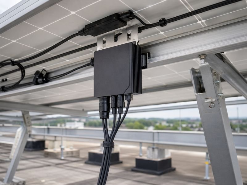 Close view of a DC optimizer mounted beneath a rooftop solar panel with visible connectors and wiring on a solar mounting rack.