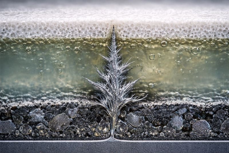 Laboratory macro of an electrochemical cell cross-section showing a metallic dendrite growing from an electrode toward the separator through the electrolyte