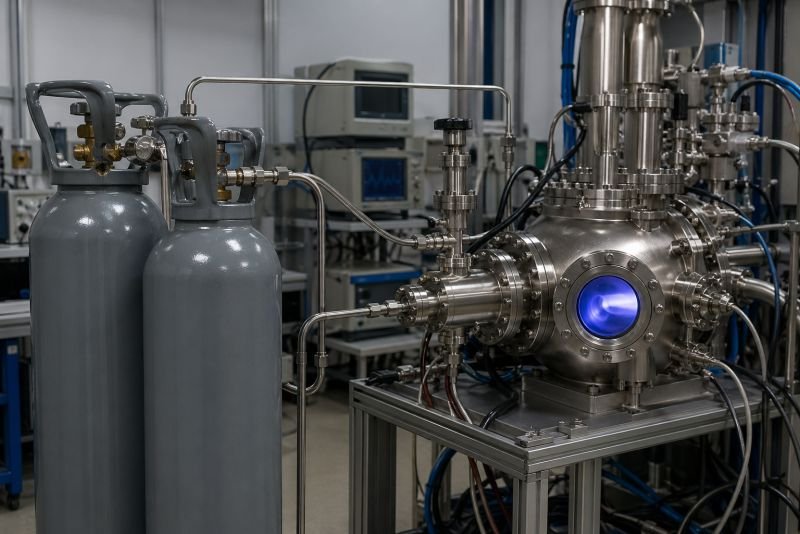 Laboratory setup for deuterium nuclear physics research with gas cylinders, stainless steel tubing, measurement equipment, and a plasma chamber.