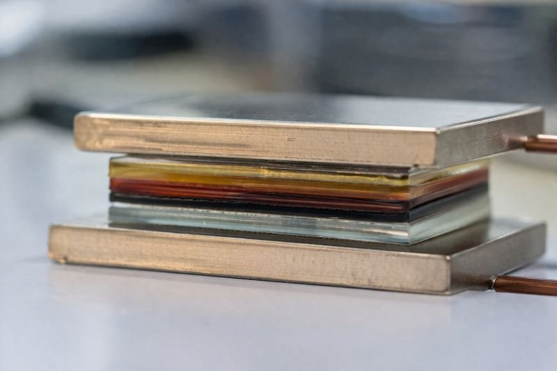 Layered organic semiconductor film stack between metallic contacts in a laboratory setup illustrating dielectric behavior in organic solar cell physics.