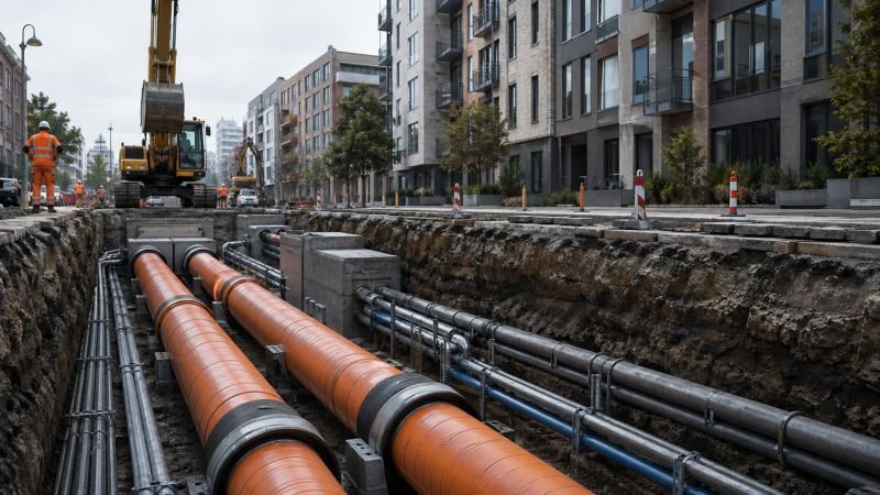 District-heating pipes and hydrogen utility conduits being installed in an urban street trench.