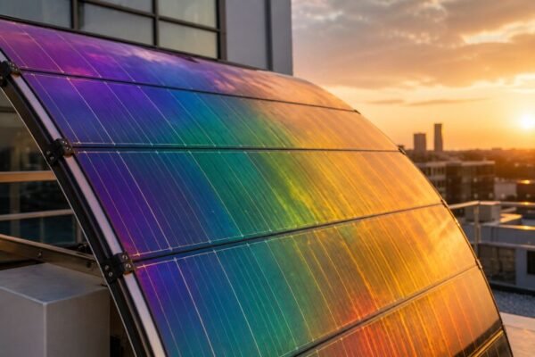 Curved solar energy panel with iridescent liquid crystal surface on a building exterior, reflecting violet, green, and amber light in strong afternoon sun.