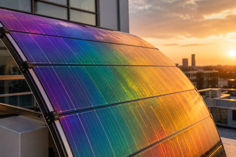 Curved solar energy panel with iridescent liquid crystal surface on a building exterior, reflecting violet, green, and amber light in strong afternoon sun.