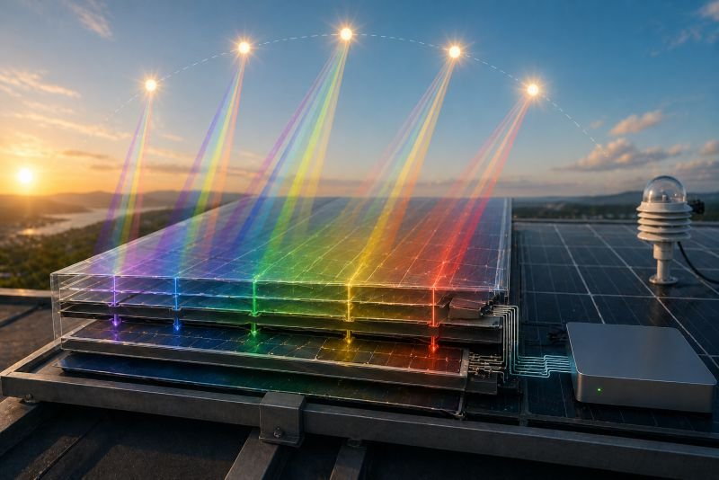 Dynamic liquid crystal solar panel with layered optical surface, control electronics, and spectral light tracking across changing sun positions.