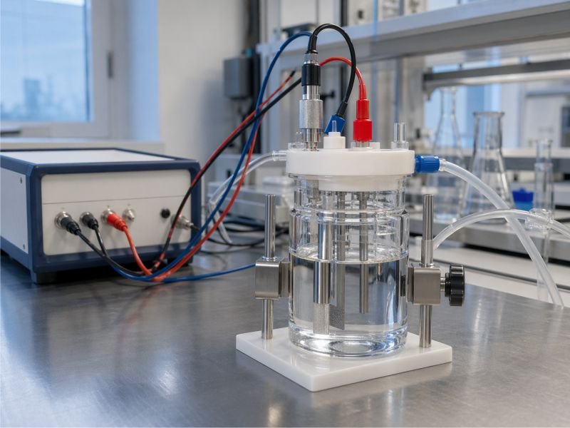 Benchtop electrochemistry cell with metallic electrodes, clear electrolyte vessel, power leads, and diagnostic instrumentation illustrating electrochemical overpotential in a laboratory setting.