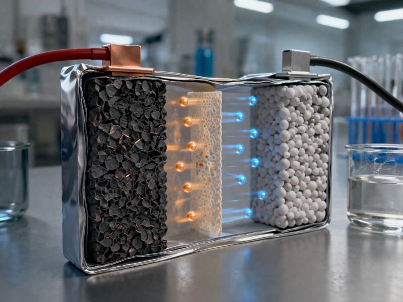 Photorealistic laboratory battery cross-section showing two electrodes, a separator, and ion movement between internal layers in a clean research setup.