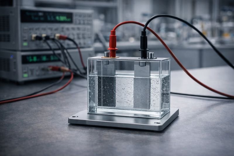 Transparent laboratory battery test cell showing liquid electrolyte between two electrodes under controlled rechargeable battery testing conditions.