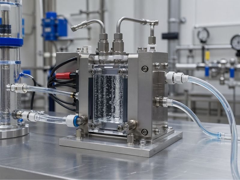 Compact water electrolyzer operating on a stainless steel laboratory workbench with clear fluid lines, gas outlets, and visible bubble formation inside a transparent cell section.
