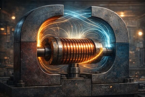 Close-up cross-sectional view of a copper generator coil rotating inside a horseshoe magnet, with curved magnetic field lines and visible induced current glow in an industrial setting.