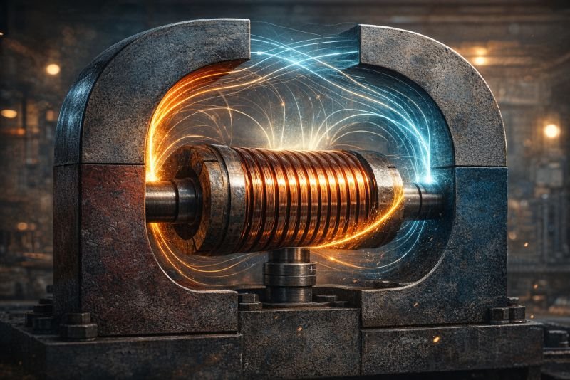 Close-up cross-sectional view of a copper generator coil rotating inside a horseshoe magnet, with curved magnetic field lines and visible induced current glow in an industrial setting.