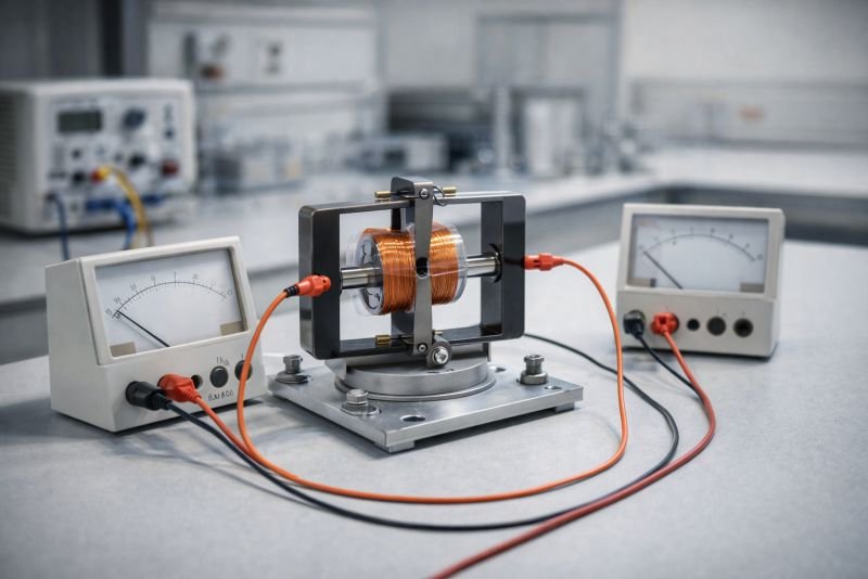 Photorealistic laboratory setup showing a rotating copper coil connected to analog electrical instruments and measurement leads as part of a magnetic induction experiment demonstrating electromotive force.