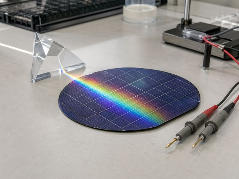 Silicon photovoltaic wafer on a laboratory test bench with a prism splitting light across the surface and voltage probes used for semiconductor measurement.