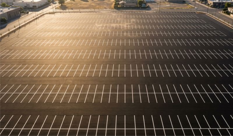 Aerial view of massive empty urban parking lot surface. Geometric white line markings grid the black asphalt under bright sun. Documentary photography style. Minimal shadows.