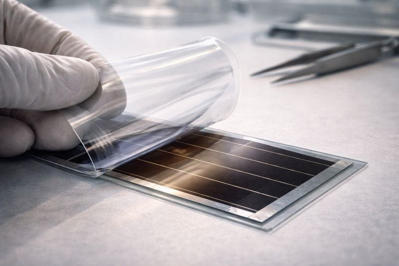 Transparent encapsulation barrier film being laminated over a flexible electronic sample in a clean laboratory setting, showing multilayer protection used in advanced materials engineering.