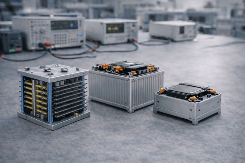 Engineering lab scene with multiple energy storage modules on a test bench, comparing different storage designs in a measured performance environment