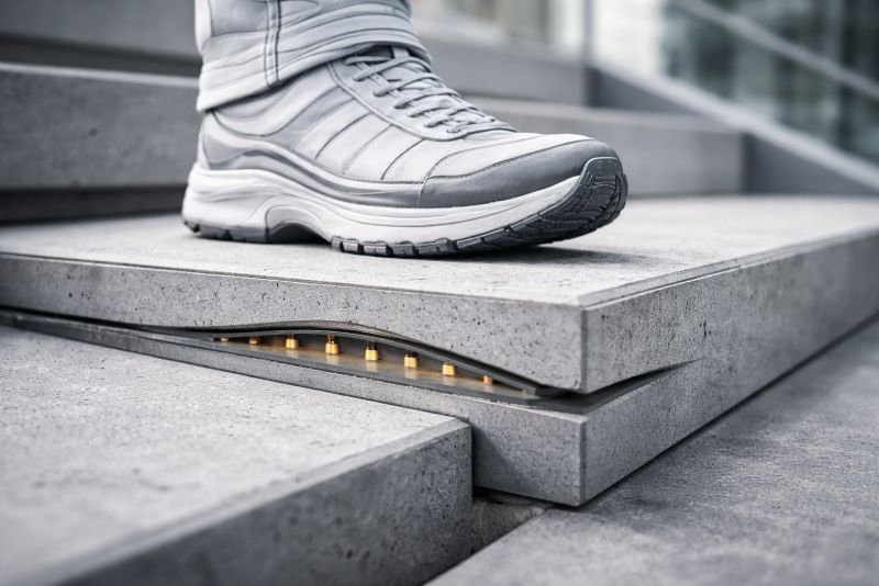 Close-up of a foot pressing onto a modern energy-generating stair tread, showing slight structural deflection and exposed internal transducer components.