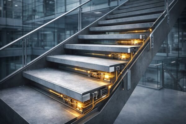 Photorealistic cutaway of a modern office atrium staircase with exposed energy-harvesting components inside each tread and concealed wiring in the stringer.