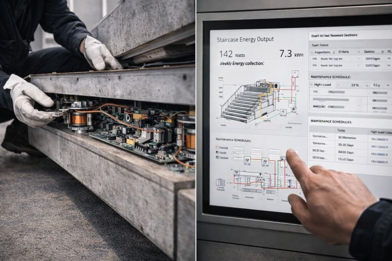 Split-scene image showing a technician inspecting the internal components of an energy-generating stair tread beside a building management display for staircase output and maintenance monitoring.