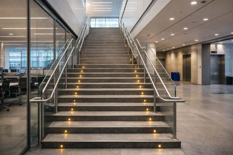 Modern office building staircase with durable stone treads and integrated step lighting, representing a commercial deployment setting for energy-generating staircases.