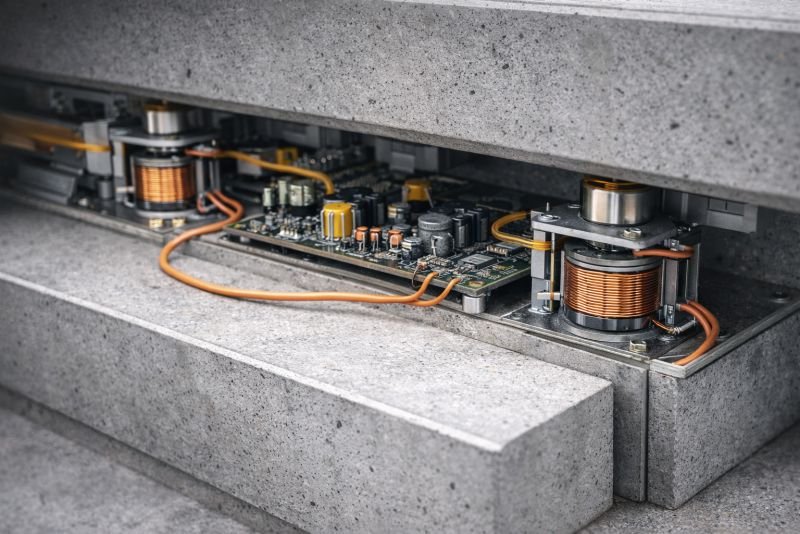 Close-up of embedded electromagnetic generators and power-conditioning electronics inside a concrete energy-generating staircase tread.
