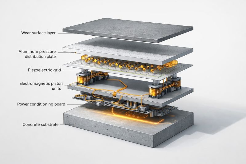Exploded view of an energy-generating staircase tread showing layered structural components, transducer elements, wiring, and power conditioning hardware.