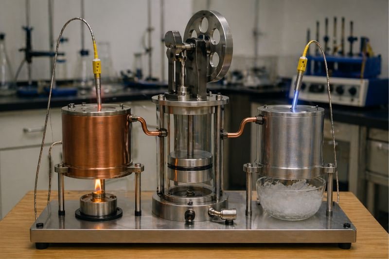 Physics laboratory apparatus with a polished metal piston, hot and cold reservoirs, and temperature probes demonstrating heat flow and entropy in thermodynamics.