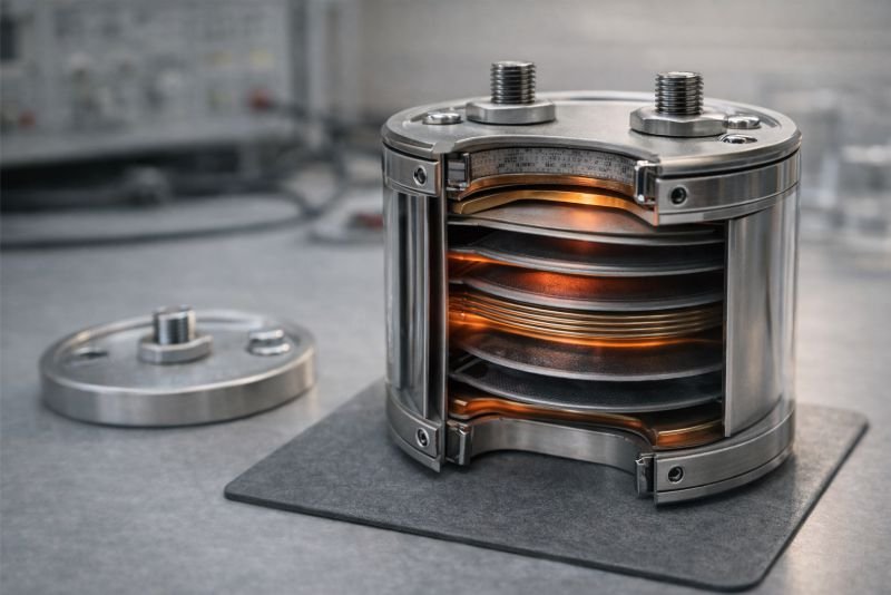 Macro view of an opened high-power capacitor module on a laboratory bench showing layered electrodes, current collectors, and internal heat concentration