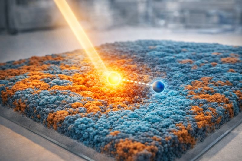 Scientific visualization of an exciton in an organic semiconductor thin film under illumination, showing localized excitation and early charge separation behavior in organic solar materials.