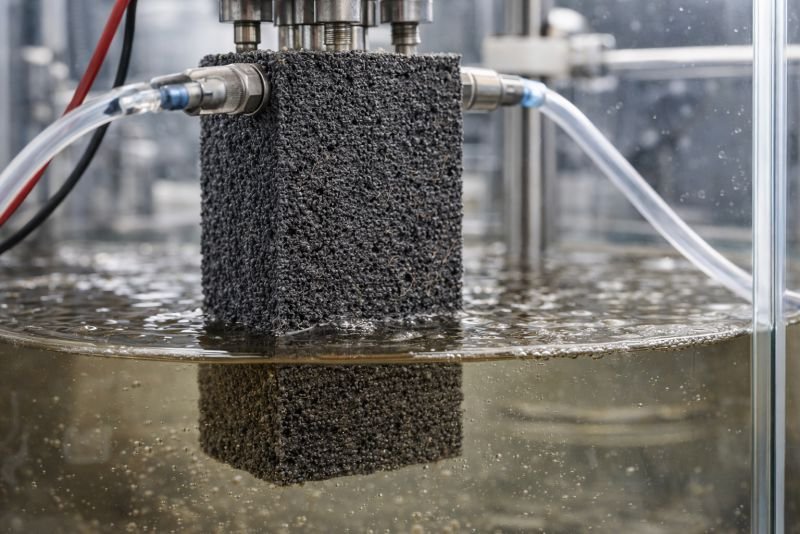 Close-up laboratory view of a dark porous electrode submerged in a bioelectrochemical reactor, with tubing and reactor hardware illustrating the conductive surface used by exoelectrogenic systems.