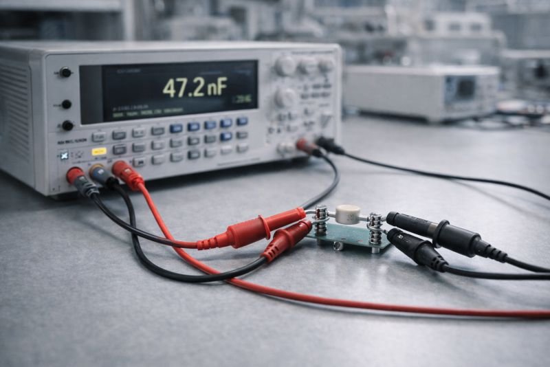 Electronics lab bench with an LCR meter measuring a small capacitor in nanofarads, illustrating capacitance and the farad in electrical measurement