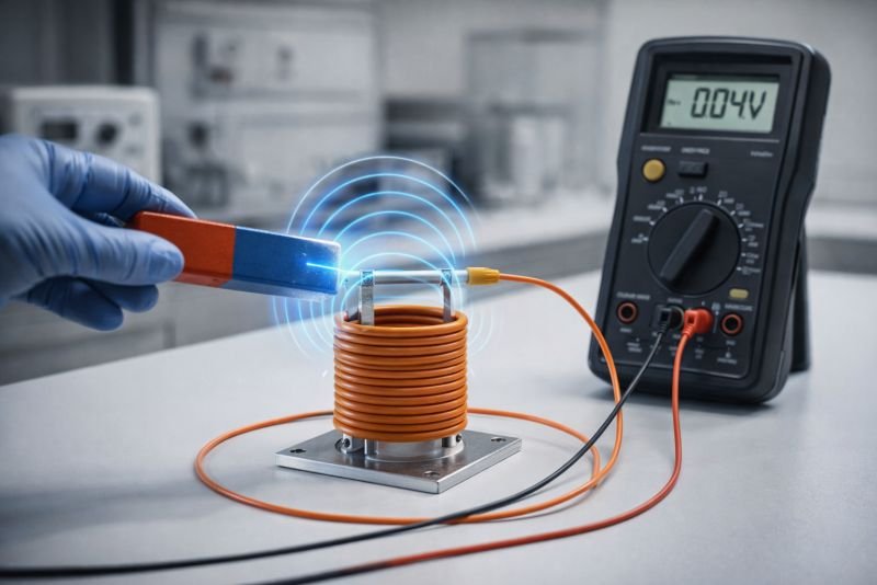 Photorealistic laboratory experiment illustrating Faraday's Law, with a bar magnet moved near a wire coil connected to an electrical measurement device to demonstrate induced voltage from changing magnetic flux.