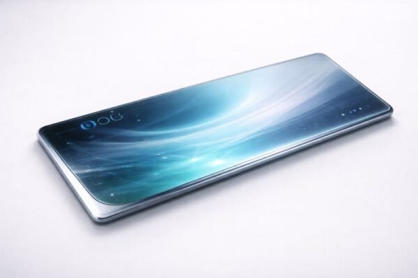 Ultra-thin future personal device with a full active display surface in a clean studio product shot