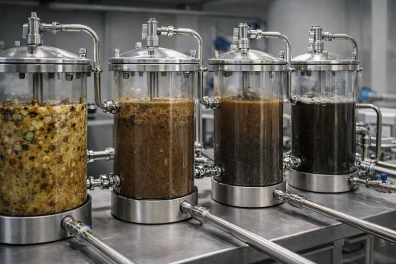 Laboratory bench setup with four sealed anaerobic digestion vessels showing progressive stages of organic breakdown, from fresh feedstock slurry to darker gas-producing reactor contents.