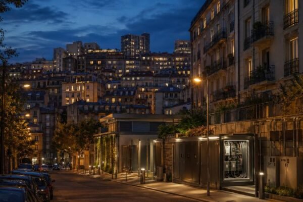 European residential neighborhood at dusk with warm-lit apartment blocks and discreet local power infrastructure integrated into the streetscape.