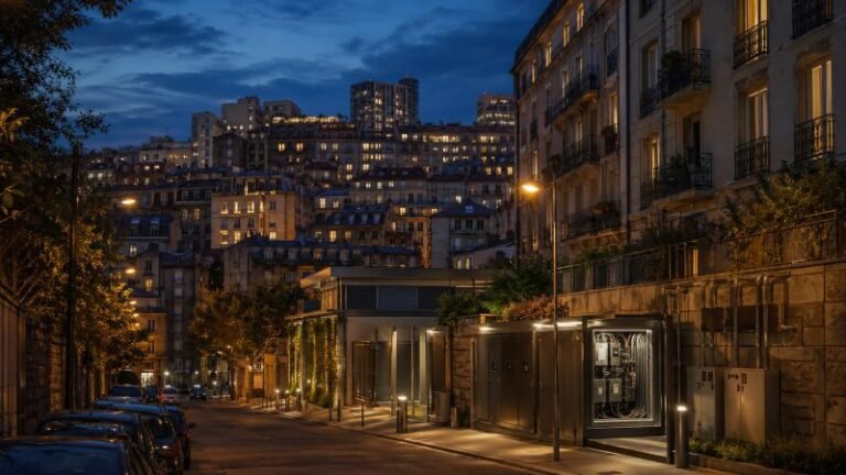 European residential neighborhood at dusk with warm-lit apartment blocks and discreet local power infrastructure integrated into the streetscape.