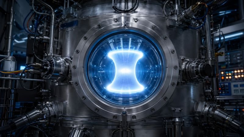 Blue-white plasma glowing through a circular viewport in a compact fusion reactor vessel.