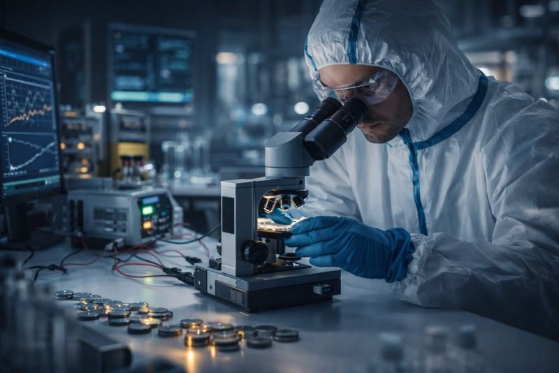 Scientist examining coin cell batteries under a microscope in a futuristic battery research laboratory with advanced testing equipment.
