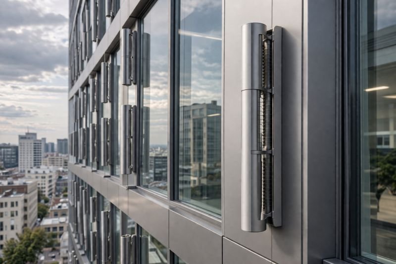 Photorealistic close-up of a futuristic micro vortex generator device integrated into a modern building facade, featuring a cylindrical aerodynamic body and embedded energy transducer housing.
