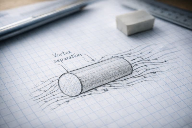 Photorealistic close-up of an engineering concept sketch showing a cylindrical airflow body with vortex separation lines on graph paper, photographed on a design worktable in natural light.