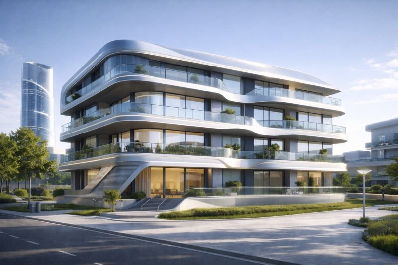 Photorealistic futuristic apartment building with smooth modern facade surfaces, expansive balconies, and sunlit exterior walls suggesting energy-producing paint in a near-future urban setting.