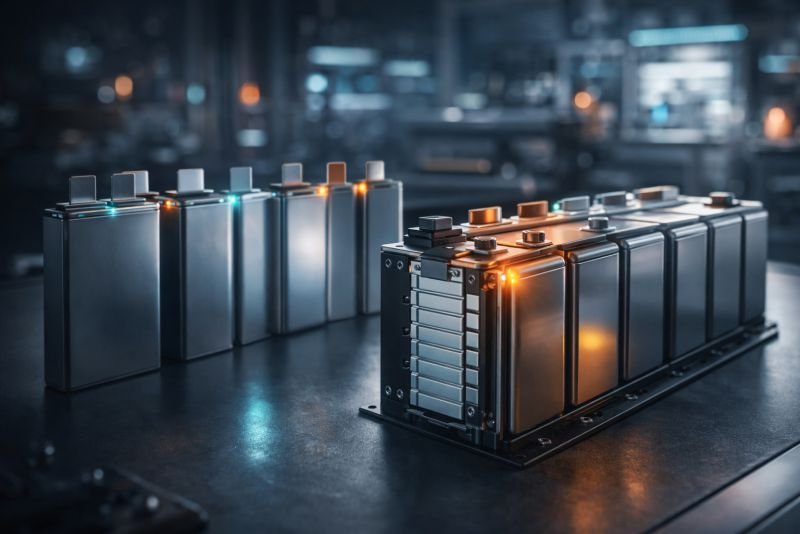 Photorealistic futuristic battery modules and prismatic cells arranged on a laboratory workbench in a clean high-tech energy storage setting.