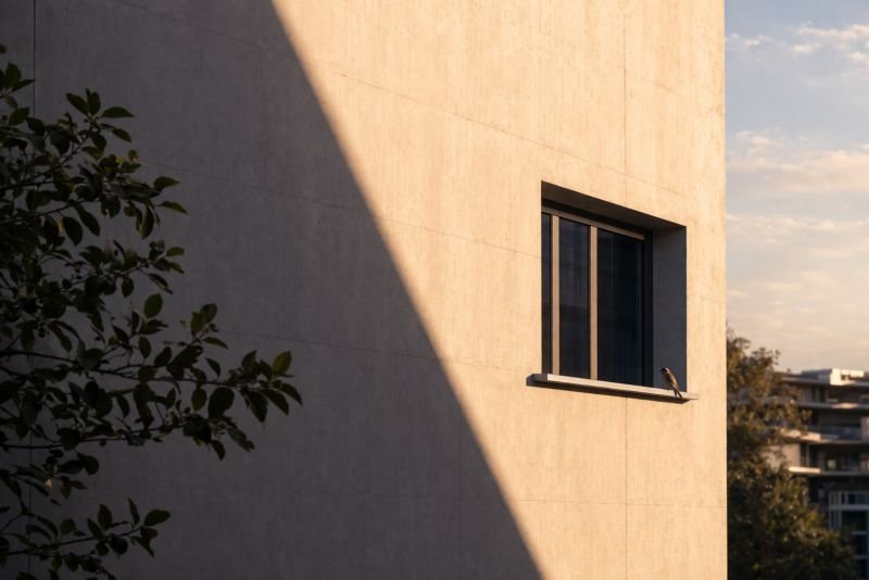 Photorealistic minimalist futuristic building facade in late afternoon light, with a clean pale wall, sharp sun-shadow boundary, dark-framed window, and a small bird on the ledge in a quiet modern residential setting.