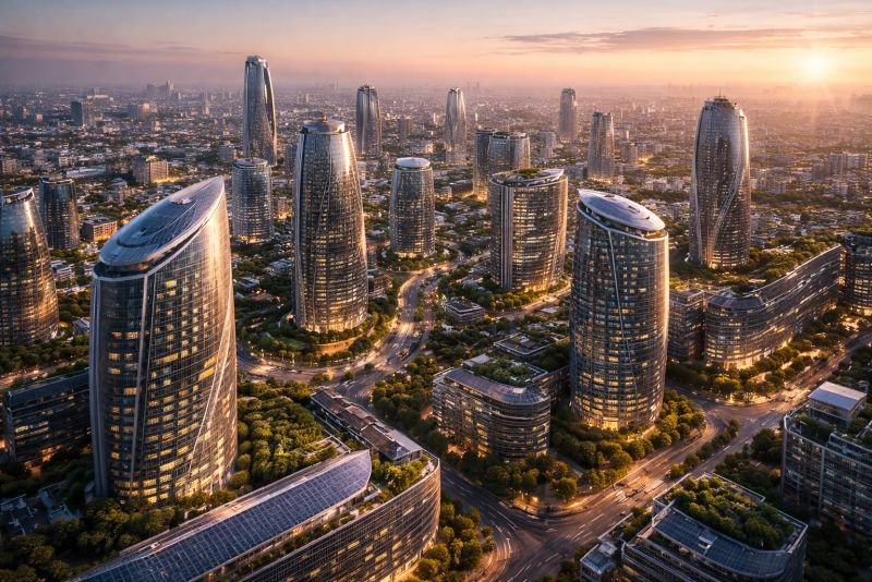 Elevated photorealistic view of a futuristic city at dusk, with dense modern high-rise buildings, advanced facade surfaces, and a vast urban skyline suggesting distributed power generation across the built environment.