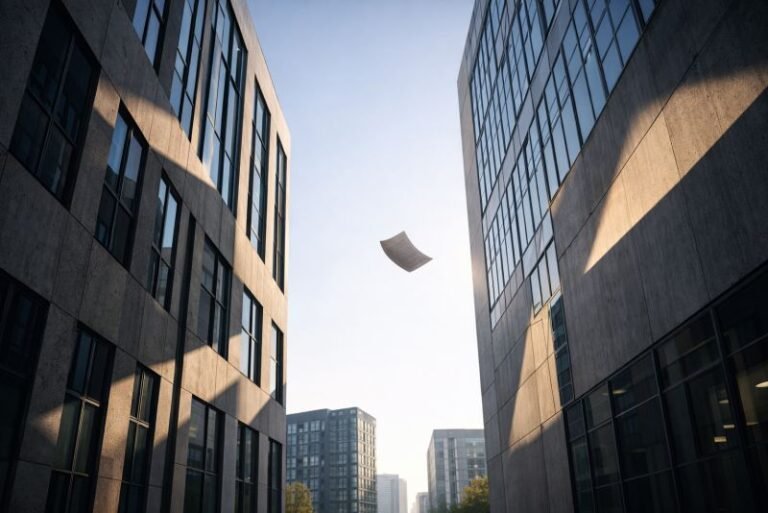 Street-level view looking up through a realistic wind corridor between modern futuristic office towers, with early morning light, sharp angular shadows, and a loose sheet of paper suspended in moving air.