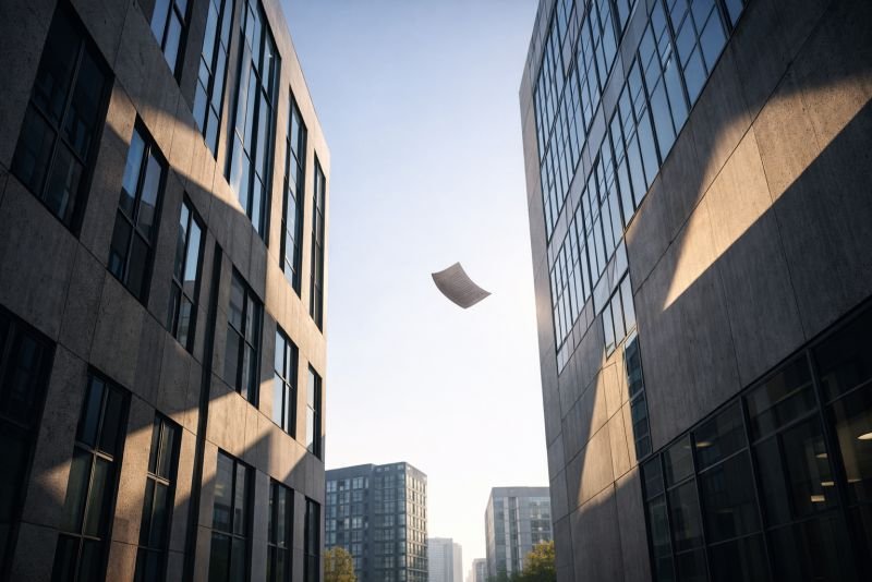 Street-level view looking up through a realistic wind corridor between modern futuristic office towers, with early morning light, sharp angular shadows, and a loose sheet of paper suspended in moving air.
