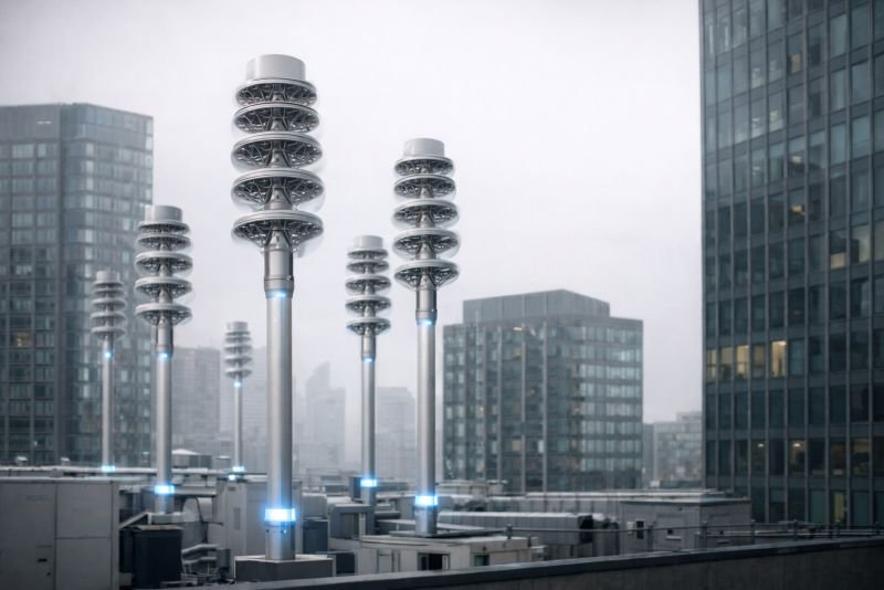Photorealistic futuristic rooftop installation with slender urban airflow energy harvesters on a modern high-rise, set against a dense advanced city skyline under overcast light.