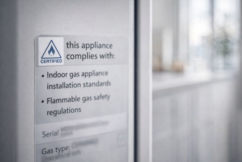 Close-up of a gas appliance safety certification label on an indoor household device with compliance information in focus